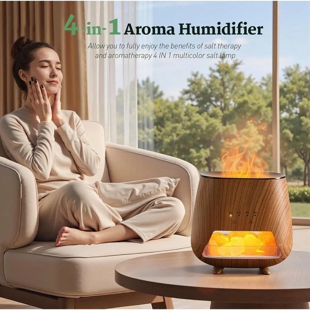 4-in-1 Wood Grain Aroma Diffuser and Himalayan Salt Lamp with Flame Effect Mist